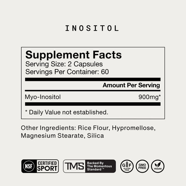 Supplement facts for Inositol showing serving size of 2 capsules, each serving contains 900mg of Myo-Inositol with additional ingredients rice flour, hypromellose, magnesium stearate, and silica.