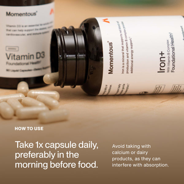 Open bottle of Iron+ capsules lying on its side with capsules spilling out, accompanied by a Vitamin D3 bottle in the background and usage instructions for taking one capsule daily before food.