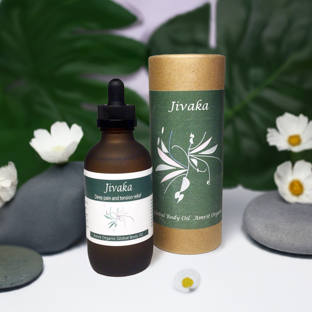 Jivaka Body Oil | Red Cherry Group in a dark glass dropper bottle alongside its cylindrical natural kraft paper packaging, designed for skincare and body care wellness.