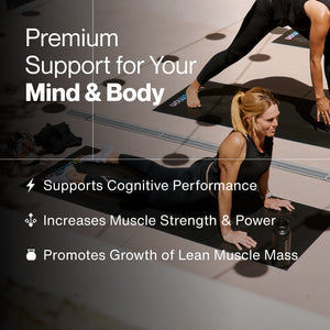 Women doing yoga stretches on mats indoors with text highlighting benefits of Creatine 15-Travel Packs including cognitive performance support, muscle strength increase, and lean muscle mass growth.