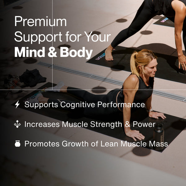 Women doing yoga stretches on mats indoors with text highlighting benefits of Creatine 15-Travel Packs including cognitive performance support, muscle strength increase, and lean muscle mass growth.