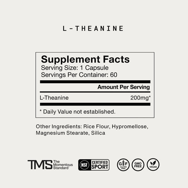 Supplement facts for Nightly Sleep Stack showing 200mg of L-Theanine per capsule, with additional ingredients including rice flour, hypromellose, magnesium stearate, and silica.