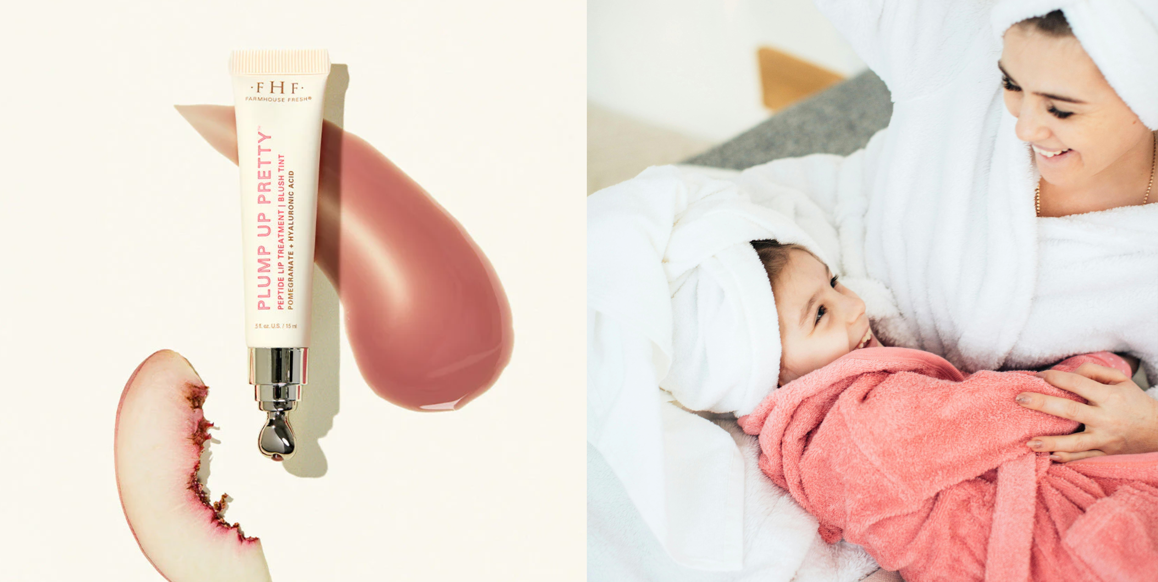 Close-up of a tube of Plump Up Pretty skincare product with a peach slice and a swatch of the cream on a pale background, alongside a smiling woman and child wrapped in towels sharing a cozy moment.