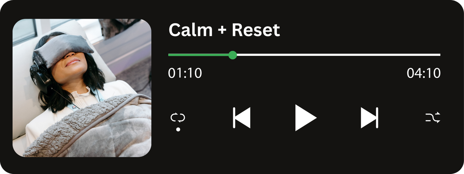 Audio player interface showing a meditation or relaxation track titled Calm + Reset, featuring a person lying down with an eye mask and headphones, covered in a blanket.