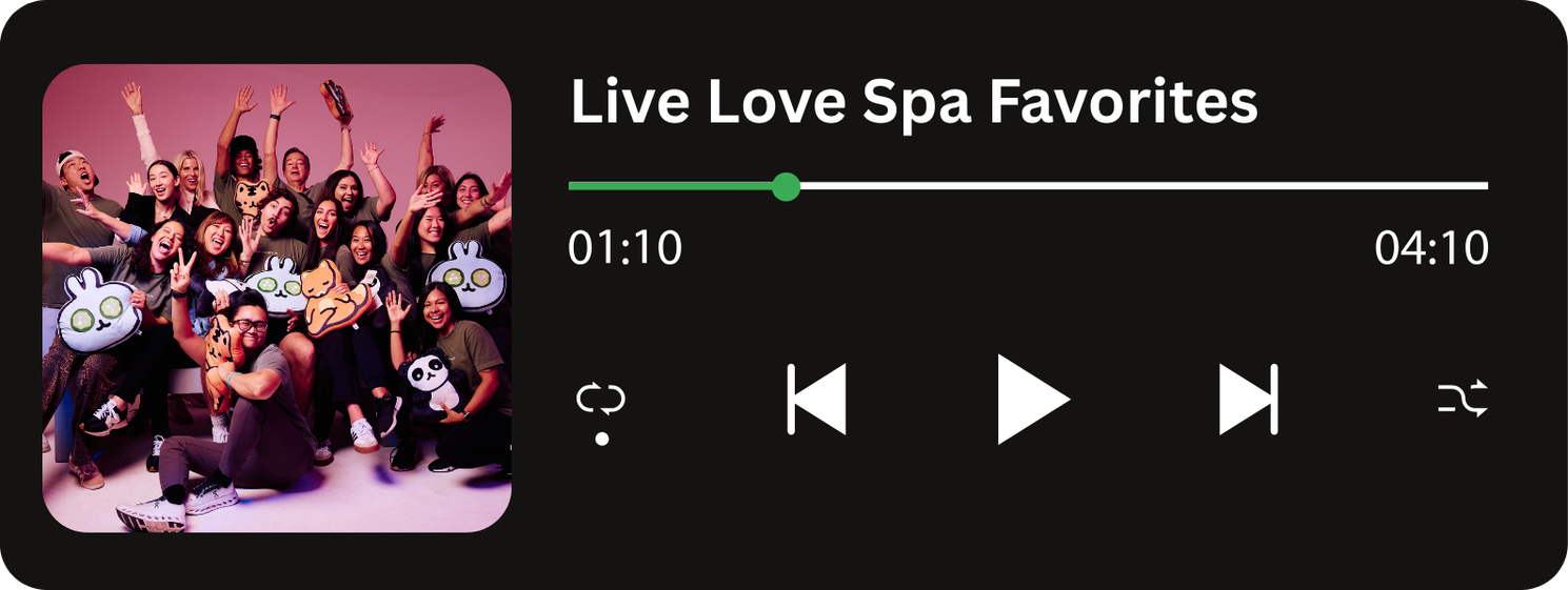Music player interface displaying a playlist titled Live Love Spa Favorites with a group photo of diverse people smiling and posing against a pink background, showing playback controls and progress bar.