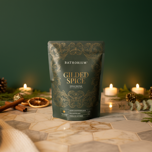 Gilded Spice Limited Edition Bath Soak | Bathorium in elegant packaging surrounded by warm candles, cinnamon sticks, dried orange, and pinecones for a cozy spa and wellness setting.