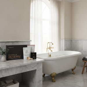 Drenched In Renewal Gift Box Set | Bathorium displayed on a marble bathroom counter next to a white clawfoot bathtub with gold fixtures, suggesting a luxurious and relaxing skincare and body care experience.