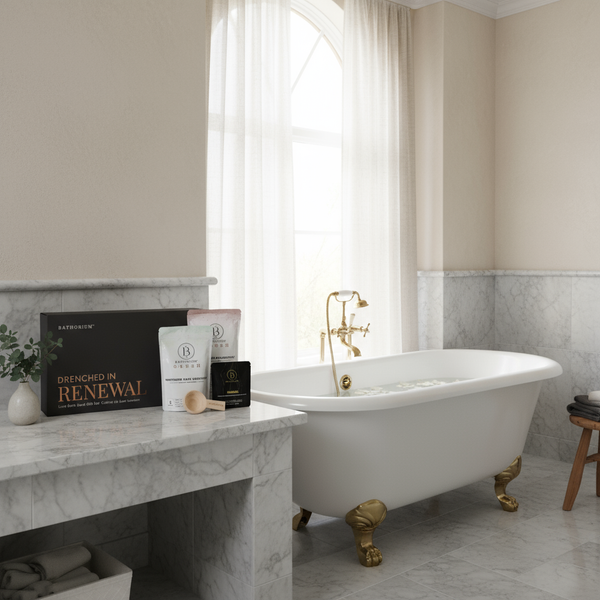 Drenched In Renewal Gift Box Set | Bathorium displayed on a marble bathroom counter next to a white clawfoot bathtub with gold fixtures, suggesting a luxurious and relaxing skincare and body care experience.