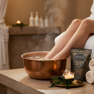 Relaxing spa scene with a person soaking feet in a steaming copper bowl surrounded by a lit candle, greenery, and a package of Gilded Spice Limited Edition Bath Soak | Bathorium.