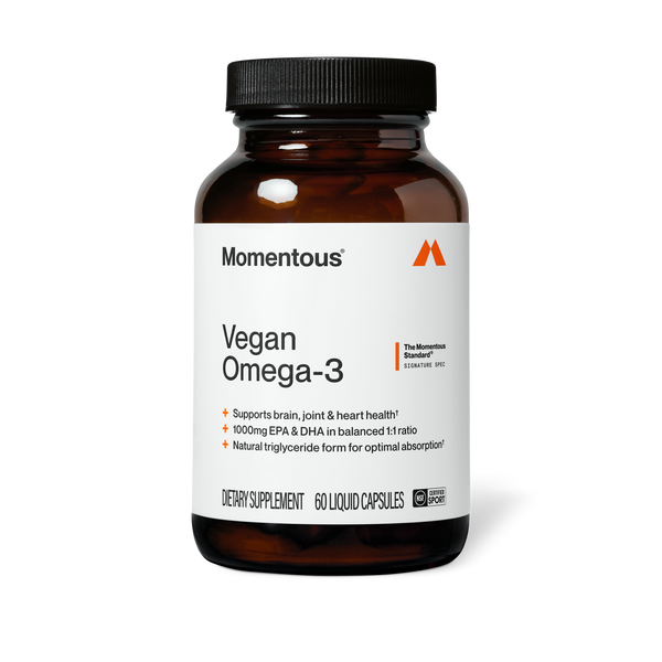 Vegan Omega-3 wellness supplement bottle with a white label and black cap shown against a dark background