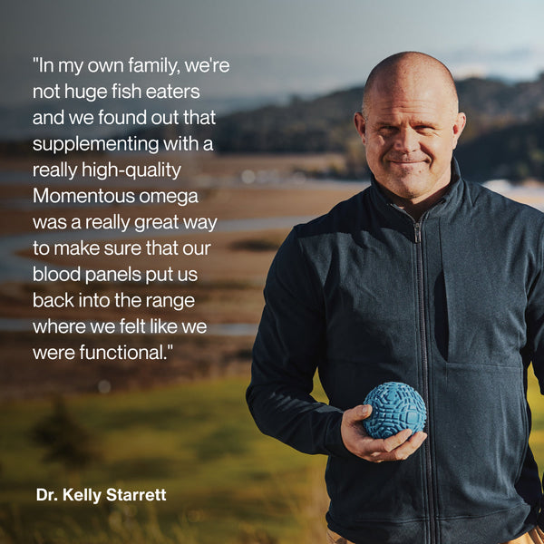 Man outdoors holding a blue textured ball, accompanied by a testimonial about supplementing with high-quality Omega-3 for improved wellness and functional health.