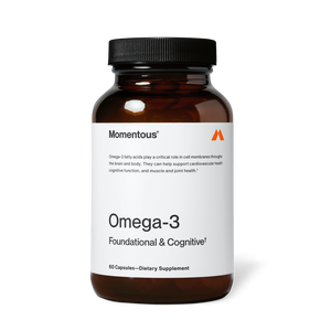 Amber glass jar of Omega-3 dietary supplement capsules labeled as foundational and cognitive support for cardiovascular, brain, muscle, and joint health.