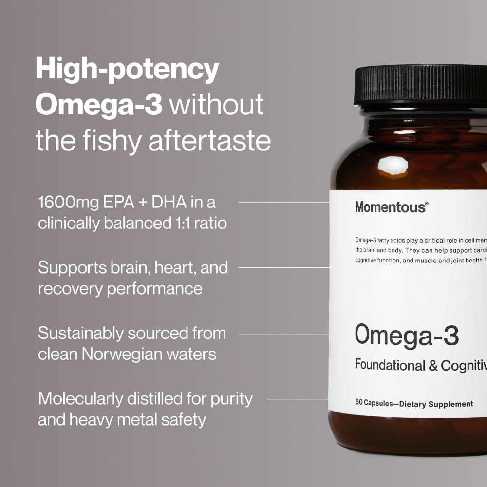 Amber glass jar of Omega-3 dietary supplement capsules labeled as foundational and cognitive support for cardiovascular, brain, muscle, and joint health.