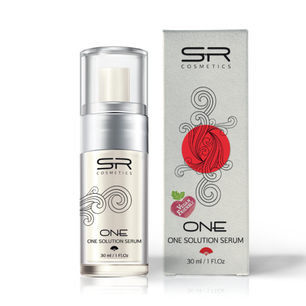 One Solution Serum | SR Cosmetics in a 30 ml pump bottle with matching decorative packaging featuring a red circular design and vegan-friendly label for skincare use.