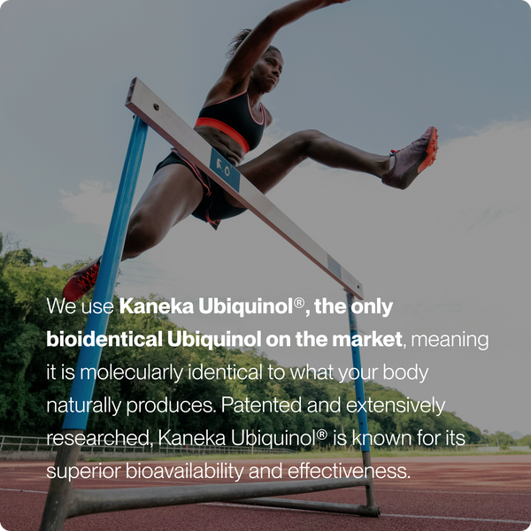 Athlete in mid-air hurdling during a race, illustrating energy and performance benefits associated with Ubiquinol wellness supplements.