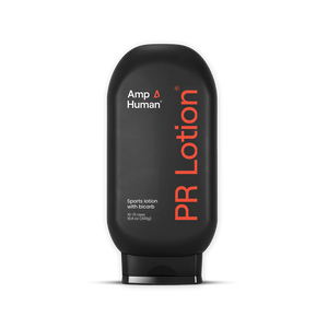 Black squeeze bottle labeled PR Lotion® Bottle with orange text, designed for sports lotion with bicarbonate, for skincare and body care use.
