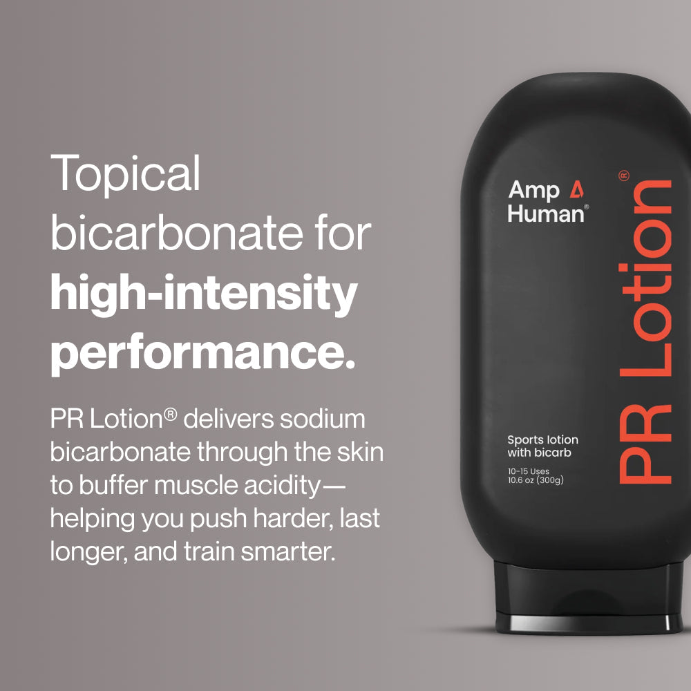 Black squeeze bottle labeled PR Lotion® Bottle with orange text, designed for sports lotion with bicarbonate, for skincare and body care use.