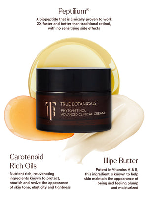 Jar of Phyto-Retinol Advanced Clinical Cream | True Botanicals with text highlighting Peptilium biopetide, Carotenoid Rich Oils, and Illipe Butter ingredients for skin nourishment and hydration.