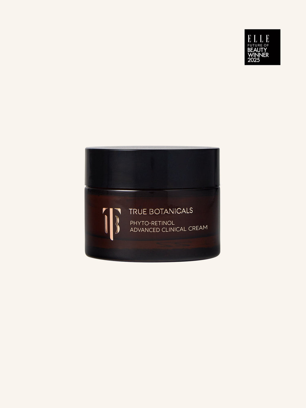 Jar of Phyto-Retinol Advanced Clinical Cream | True Botanicals in a dark amber container with a black lid, featured against a light background with an ELLE Future of Beauty Winner 2025 badge.