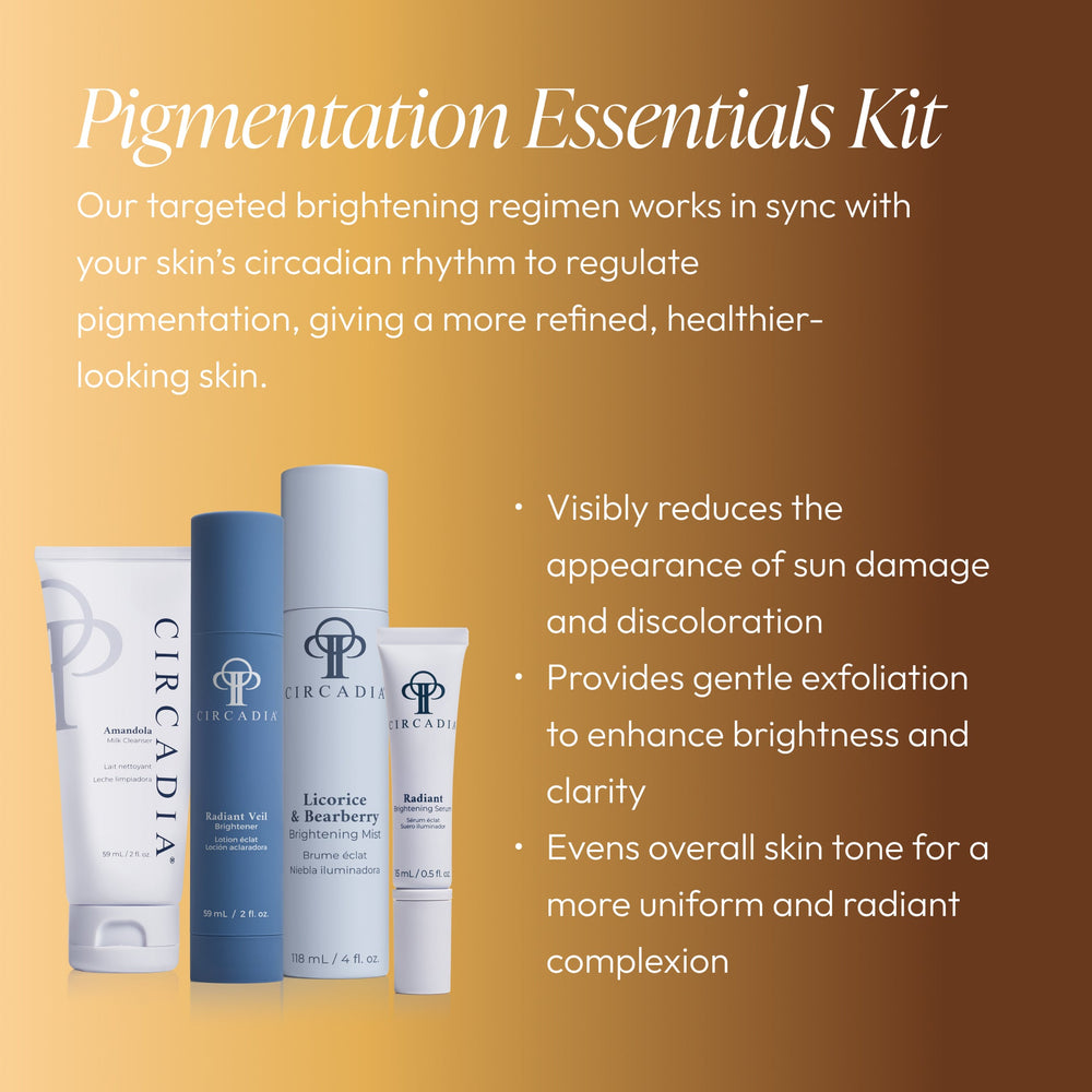Pigmentation Essentials Regimen Kit | Circadia displaying four skincare products including a cleansing cream, brightening mist, and two serums in white, gray, and blue packaging arranged next to the product box.