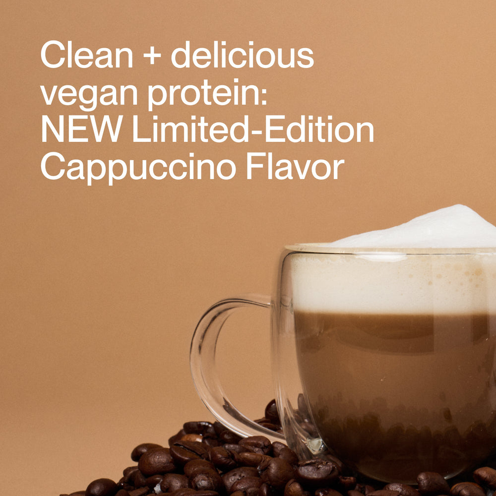 Container of 100% Plant Protein - Flavor Series in cappuccino flavor with clean white packaging, highlighting foundational and performance benefits as a wellness supplement.