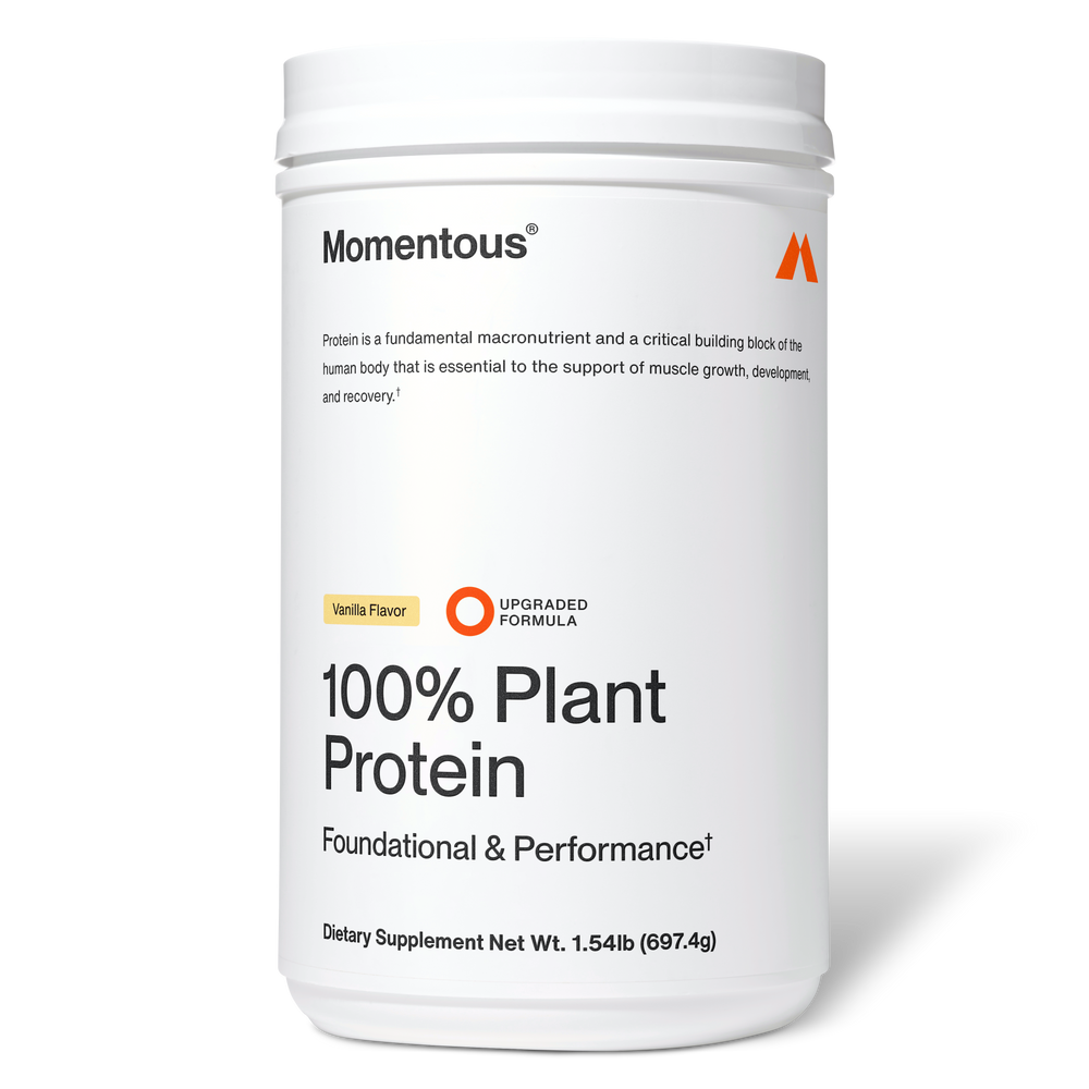 Container of 100% Plant Protein Powder dietary supplement in chocolate flavor with foundational and performance support for muscle growth and recovery