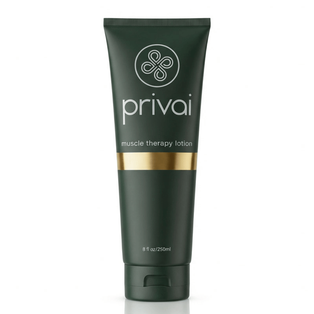 Tube of Muscle Therapy Lotion | Privai in dark green packaging with gold accent, designed for soothing muscle relief and body care wellness.
