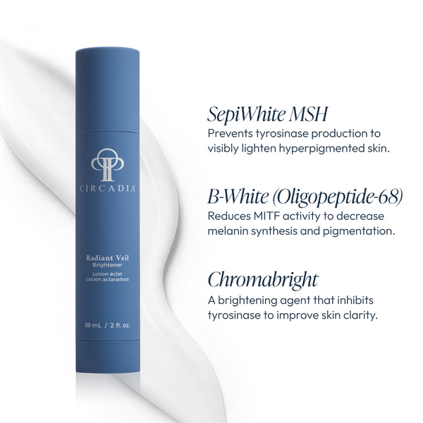 Blue bottle of Radiant Veil Brightener (formerly White Veil Brightener) | Circadia skincare product with text describing key ingredients and skin brightening benefits.