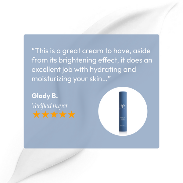 Customer review highlighting Radiant Veil Brightener (formerly White Veil Brightener) | Circadia as a hydrating and moisturizing cream with brightening effects, featuring a blue product bottle.