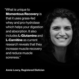 Black and white photo of a smiling woman next to text explaining Recovery uses grass-fed whey, pro-hydrolase, L-Glutamine, and L-Carnitine for improved digestion and muscle recovery.