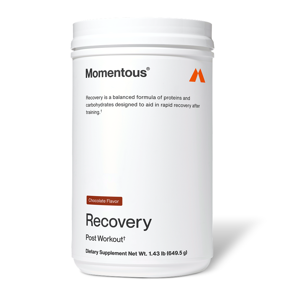 White container of Recovery dietary supplement in chocolate flavor by Momentous, designed to support rapid recovery after training with proteins and carbohydrates.