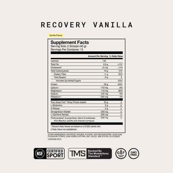 Supplement facts label for Recovery vanilla flavor wellness supplement showing serving size, calories, protein, vitamins, minerals, and key ingredients with certification icons.