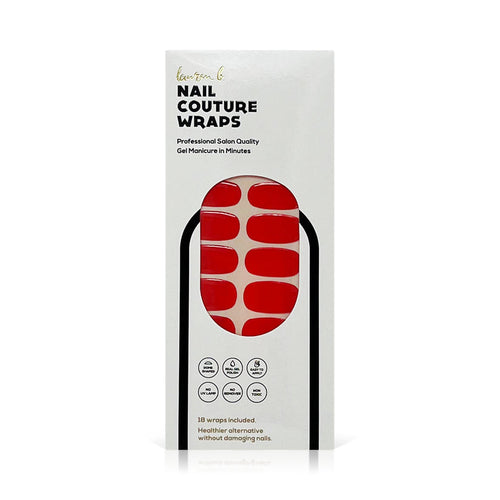 Package of red gel nail wraps displayed with "Gel Nail Wrap | Lauren B. Beauty" branding, offering salon-quality manicure wraps for easy at-home nail styling.