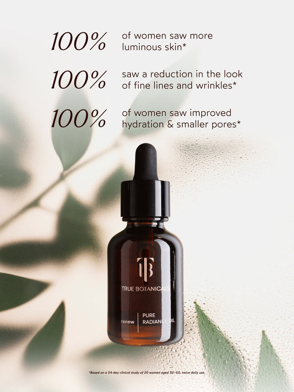 Bottle of Renew Pure Radiance Oil | True Botanicals with clear claims of 100% women experiencing more luminous skin, reduced fine lines and wrinkles, and improved hydration with smaller pores, against a soft background with green leaves.