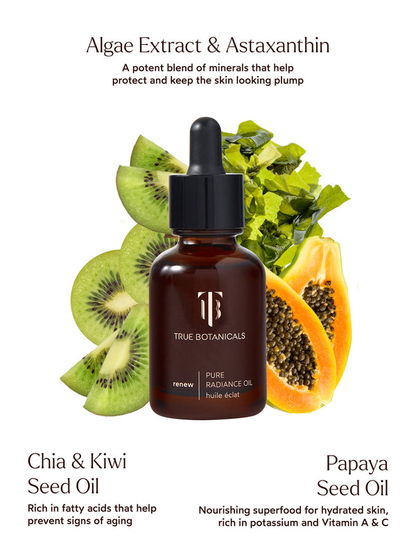 Renew Pure Radiance Oil | True Botanicals bottle surrounded by kiwi slices, papaya, and green algae leaves highlighting natural skincare ingredients for hydration and anti-aging.