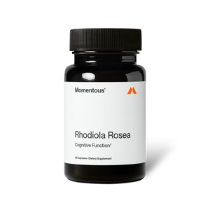 Black bottle of Rhodiola Rosea dietary supplement capsules with a minimalist white label focused on cognitive function support.