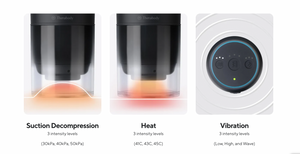 Close-up view of Therabody device features showing suction decompression, heat with three intensity levels, and vibration with three intensity settings for body care and recovery.