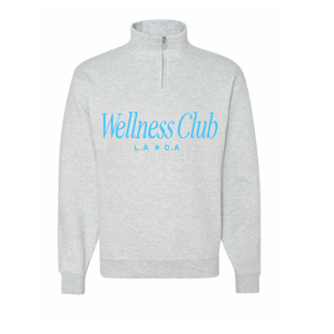 Light gray fleece quarter zip pullover with blue "Wellness Club L.A * C.A" text on the front, named Wellness Club Quarter Zip | Lucky Owl, featuring a stand collar and ribbed cuffs.