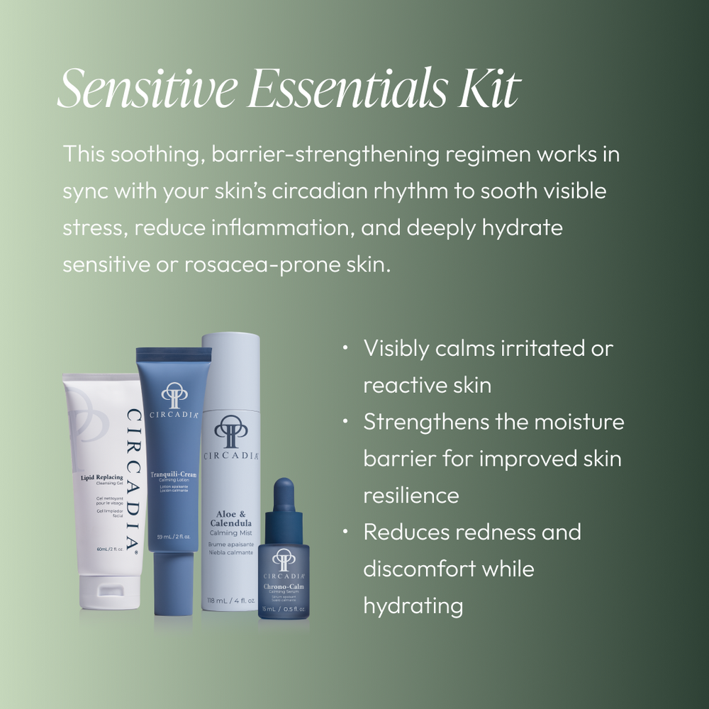 A collection of skincare products in white, blue, and lavender packaging alongside a box labeled Sensitive Essentials Kit, featuring the Sensitive Regimen Bundle | Circadia for gentle skincare.