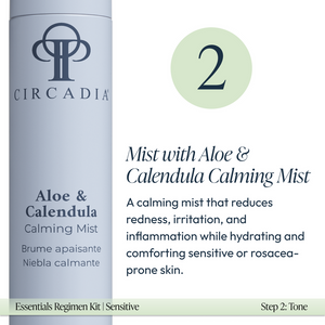 Close-up of a soothing Aloe & Calendula Calming Mist bottle from the Sensitive Regimen Bundle | Circadia, designed to hydrate and reduce redness and irritation in sensitive skin.