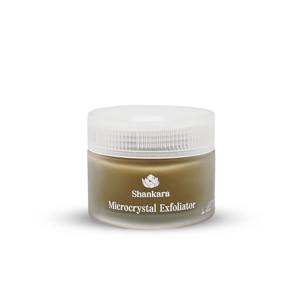 Microcrystal Exfoliator | Shankara in a frosted jar with a white lid, designed for skincare and body care to gently exfoliate and revitalize the skin.