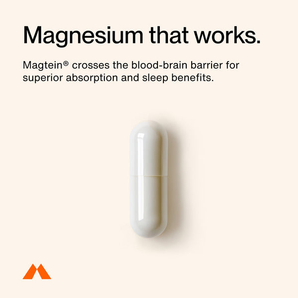 White capsule supplement displayed on a light background with text highlighting magnesium's absorption and sleep benefits, promoting the Nightly Sleep 5-Pack.