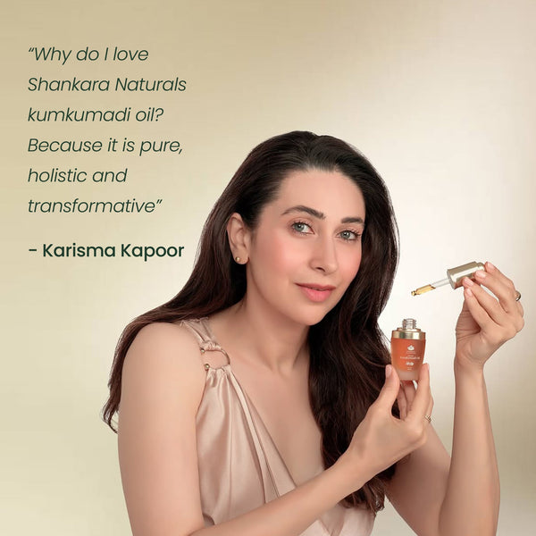 A woman with long dark hair holds a bottle of Timeless Kumkumadi Oil | Shankara and a dropper, with a quote about the oil’s purity, holistic nature, and transformative effects.