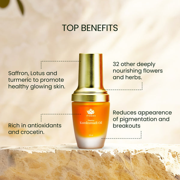 Bottle of Timeless Kumkumadi Oil | Shankara displayed on a stone surface with text highlighting benefits such as promoting healthy glowing skin, rich antioxidants, reducing pigmentation, and nourishing with flowers and herbs