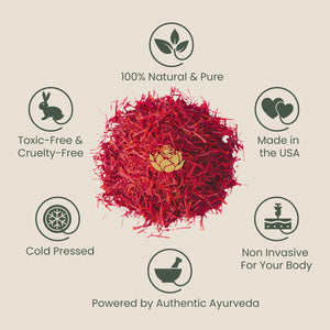 Red saffron threads surrounded by icons highlighting features of Timeless Kumkumadi Oil | Shankara such as 100% natural and pure, toxic-free and cruelty-free, cold pressed, made in the USA, non-invasive for the body, and powered by authentic Ayurveda.