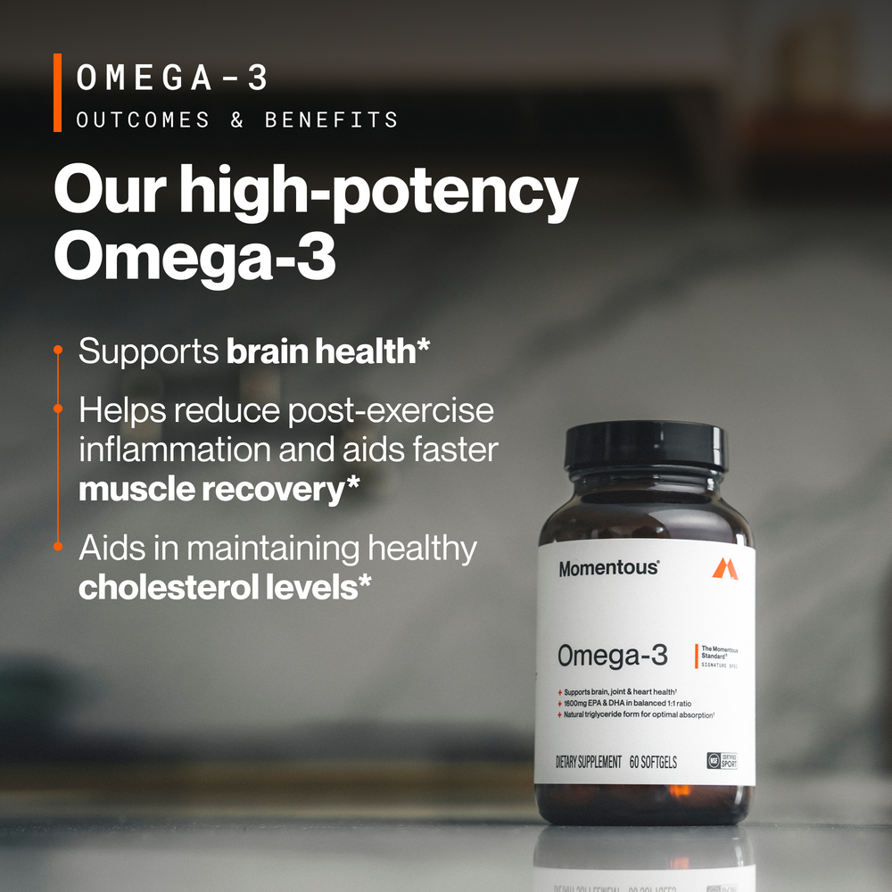 Omega-3 dietary supplement in an amber bottle labeled Momentous with 60 softgels and EPA DHA for brain joint and heart health
