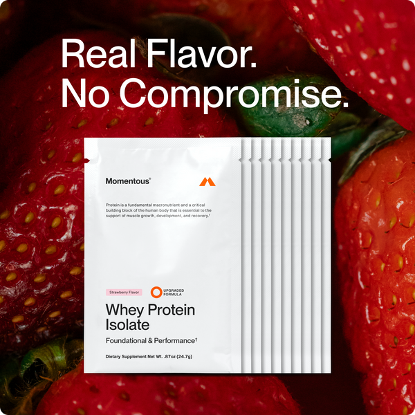 Whey Protein Isolate 10-Travel Packs in white sachets displayed over a close-up background of ripe strawberries with text highlighting real flavor and no compromise.