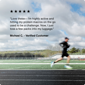 Five-star customer review quote about convenience of Whey Protein Isolate 10-Travel Packs, overlaid on an image of a person running on an outdoor track.