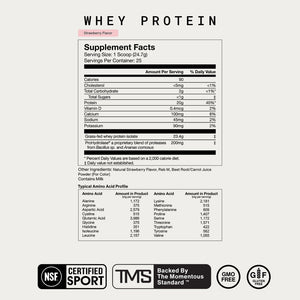 Whey Protein Isolate supplement label showing strawberry flavor nutrition facts amino acid profile and NSF Certified Sport TMS and GMO Free badges