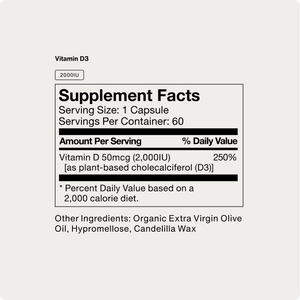 Supplement facts label for Vitamin D3 2000 IU showing serving size of one capsule, 60 servings per container, 50 mcg vitamin D3 providing 250 percent daily value, with organic extra virgin olive oil and natural ingredients.